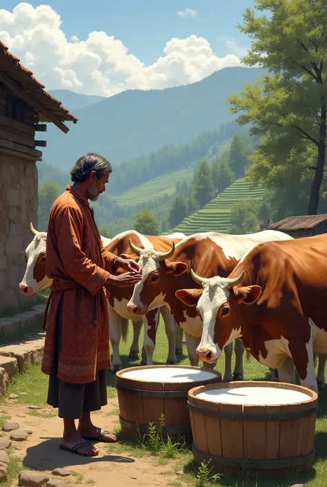 In village we milking cow milk. So I wanna lots of milk Infront of farmer in Nepal 