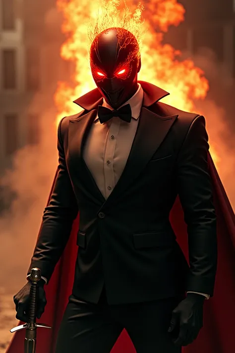  high quality ,8D, masked man wearing mysterious red flaming eye cap,black tuxedo suit shirt ,hand carrying sword  , barrel back fire is very epic 