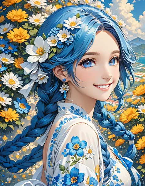 a girl has blue hair and wears white and blue flowers in her hair, 1girl, solo, hair flower, flower, hair ornament, blue hair, jewelry, smile, long hair, dress, white flower, looking at viewer, brown eyes, white dress, earrings, braid