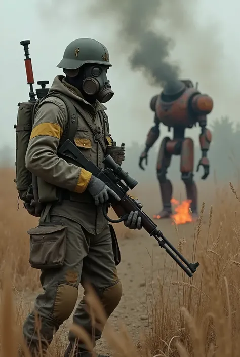 Detailed moment. Soldier  (very dirty clothes mix camouflage grey dark gree and dark yellow), (old type gasmask, old type 20 century German helmet with many dirty), (Soldier hold old type german grenade-gun.) The soldier stay near destroying War-robot (ste...