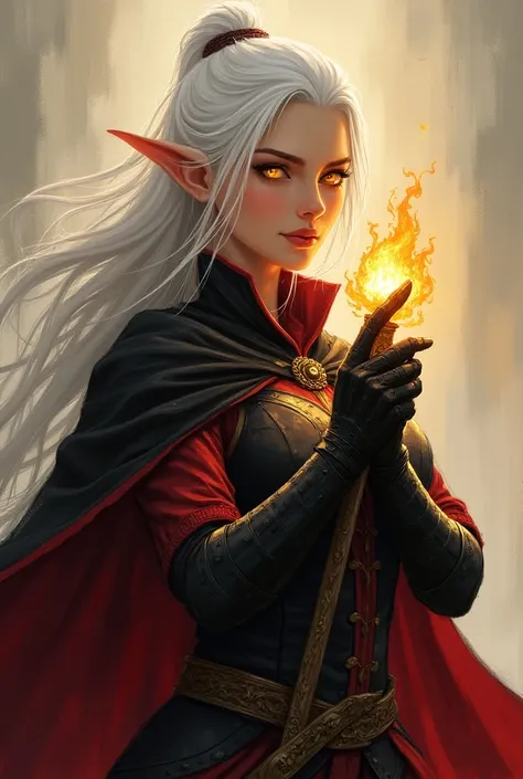  draw an elven warrior. Beautiful,  athletic top , the face of a wise woman who looks about 40 years old,  long white hair , , some of them are gathered in a scythe . Pointed and long ears like an elf. The eyes glow with golden magic.  She is dressed in bl...