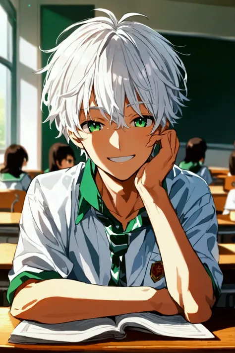  anime handsome man with short white hair wearing school uniform,  extreme resolution ,Sitting in classroom and smiling , Green eyes