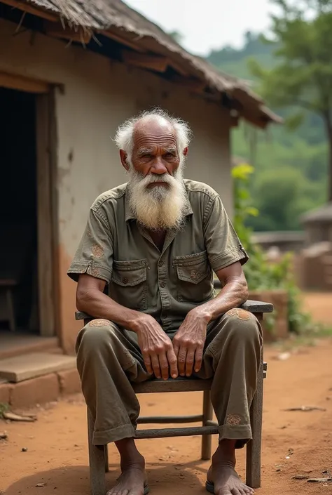 Un vieil homme de 70 ans environ, il porte une chemise et un pantalon troués, il a des cheveux blancs et une barbe blanche, il est assis devant une maison sur une chaise dans un village africain, large capture, réaliste 