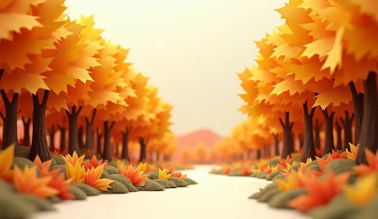  Generate in papercraft style, Origami, until, creation, colorful, a landscape with autumn trees all in colors gold , ocher,  yellow and other shades according to the time of year ,  said landscape in a perspective that reveals a path that is lost in the d...