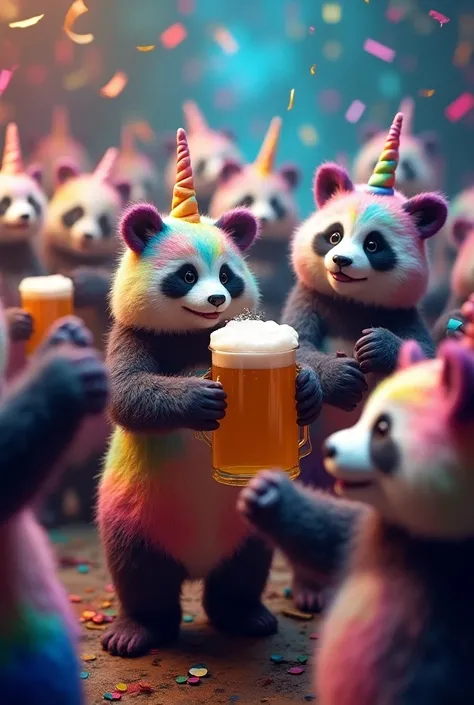 20 rainbow unicorn pandas that are partying and drinking beers 