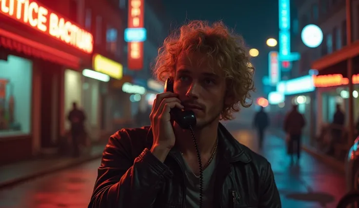 blond curly guy white FAT CHEEKS WITHOUT A BEARD in the background of a bicycle talks on the phone Motorolla night Petersburg against the background of the 80s dark film effect film vhs action vice city movie panavison