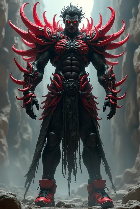 One body is full of black and red domineering armor，The clothes burst，Expose muscles，Countless tentacles stick out from the back，Tall, mighty and domineering，The pupils turn red，The whites of the eyes turn black，Black skin，Humanity，male people，chineseidol，...