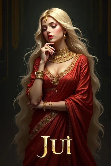 The image is a digital illustration of a woman with long blonde hair. She is wearing a traditional Indian outfit with gold jewelry and accessories. The woman has a serious expression on her face and her hand is resting on her chin. The background is black,...