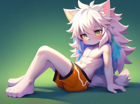 colorful background, beautiful, very high quality, cute white cat boy, thick hair, detailed body, shirtless, sad shorts