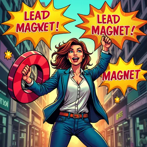 Comic-style marketer using a magnet to attract customers, with colorful comic bubbles saying “LEAD MAGNET!”