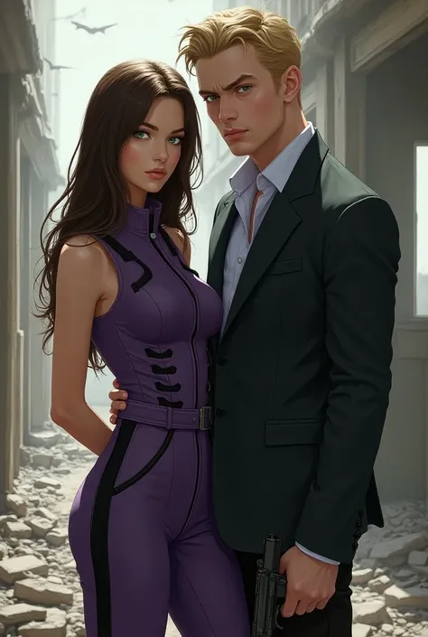 Realistic painting style beautiful 18-year-old girl with very white skin long silky brown hair ,  deep turquoise eyes wearing a purple combat jumpsuit with black details on her side taking it around her waist a handsome 25-year-old boy with green eyes and ...