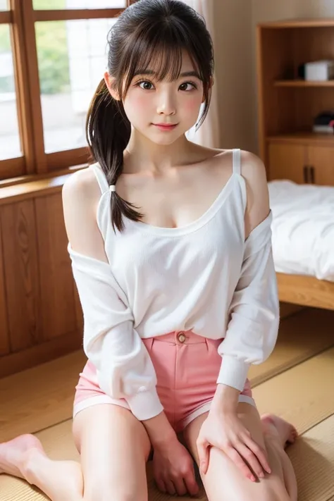 (Beautiful Japanese woman),  cute face, Young body type、Young face、、 elementary school students、(Droopy eyes:1.2),( Deeply Carved Face :0.7), (Freckles:0.6), Soft light,Healthy white skin,Small breasts:1.3, shy,  ponytail, (Embarrassed face), (Sparkling Ey...