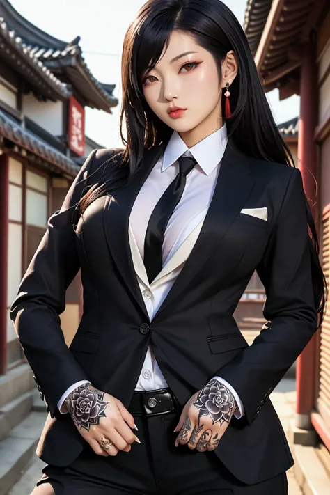 Create an image of the most stunningly gorgeous beautiful feminine young Korean yakuza, Korean yakuza tattoos, long flowing black hair, light makeup, lip gloss, stunningly gorgeous beautiful feminine face, perfect hour glass body figure, perfect breast, su...