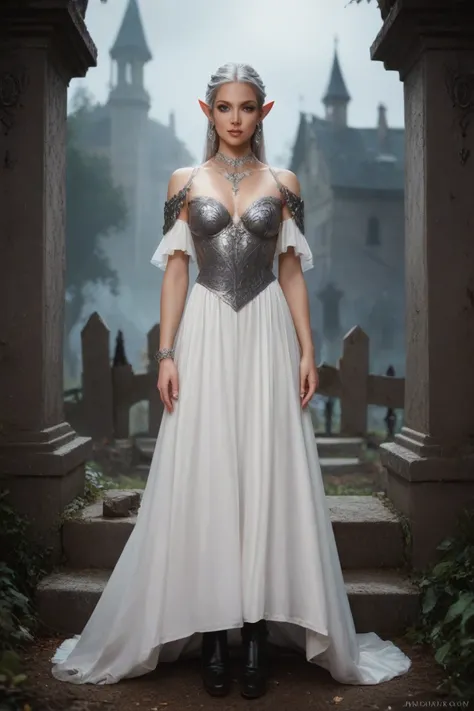 dark fantasy style, masterpiece, full body portrait, a young female elf with grey skin in a violet long dress with black corsett, black high heel boots, long white straight middle-parted hair, silver jewelry, she is standing on a stoneway on a magical grav...