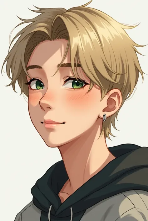 "Make a realistic drawing "
" A 16-year-old boy with smooth, blond hair up to his neck , white pele, Is he Asian,  emerald green eyes.  He has a very gentle appearance ,  your clothes vary between gray , black and white.  He wears small hoop earrings aroun...