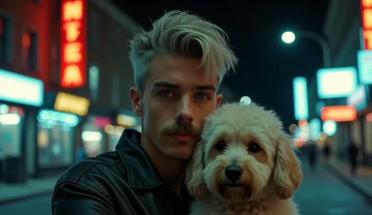 young guy BRIGHT GRAY blonde short swift mustache mini goatee holds a curly dog at night Petersburg against the background of the 80s dark film effect film vhs 1975 action vice city movie-shot panavison