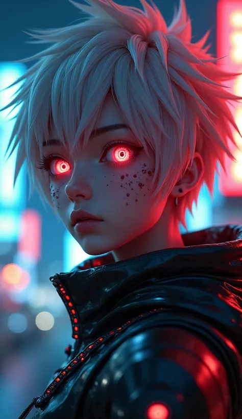 A hyper-realistic close-up photo of an anime-inspired character, with large, expressive eyes glowing with light. The character has vibrant, spiky hair and a futuristic outfit, detailed textures on the skin and costume. The background is a blurred cityscape...