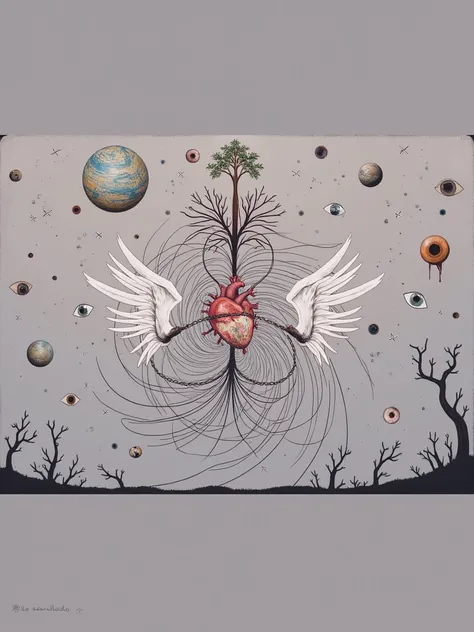  Heart wrapped in ribs with lines of chains , with brain and vortex around with flying eyes  ,words numbers  ,white wings ,planets , eye weeping a tree  