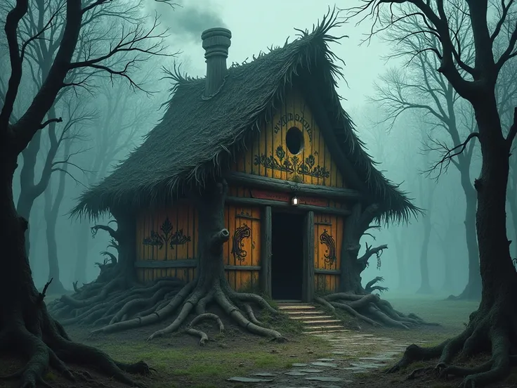  A gloomy hut on bones in a dark forest , Baba Yagas hut  ,  in the style of a Russian folk tale 
