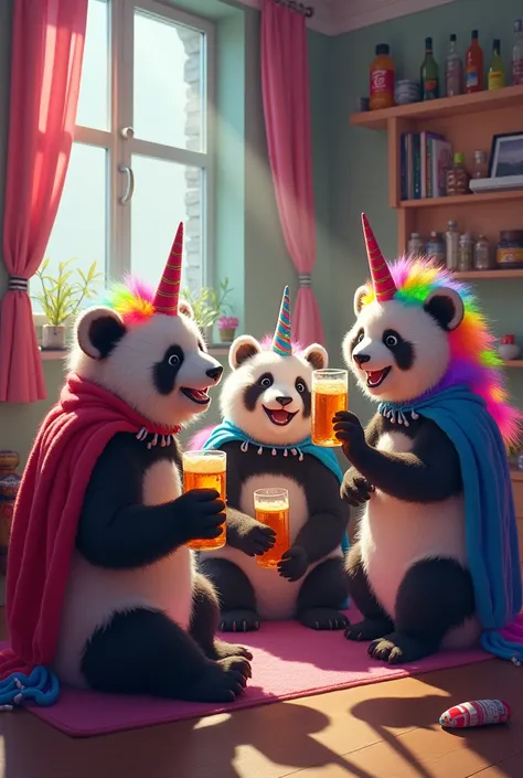 20 rainbow unicorn pandas who are partying and drinking beers while playing cape in an apartment 