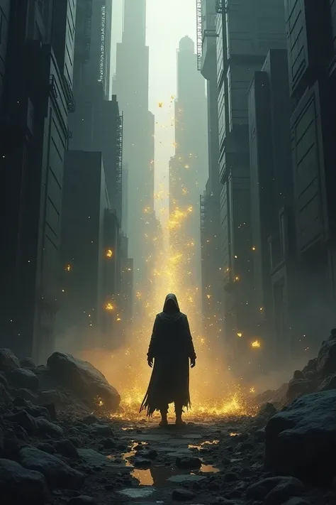 "In a dark, futuristic cityscape, shrouded in mystery and shadows, a lone figure stands amidst the rubble. Golden fragments float around him, suspended mid-air as if frozen in time, shimmering against the dark backdrop. The atmosphere is thick with tension...