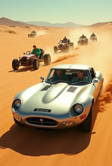 

"A dazzling silver sports coupe speeds through the vast desert, its tires carving a trail through the golden dunes. Inside, a rugged man with piercing eyes drives with calm precision, while a strikingly beautiful woman, her emerald-green dress contrastin...