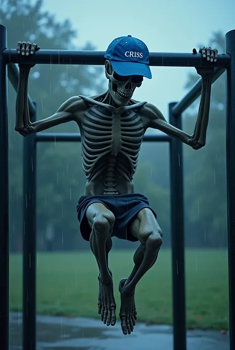 A man with the face of a skeleton wearing a blue cap that says CRISS and is doing calisthenics in a bar on a rainy day in a recreational park on a blue day