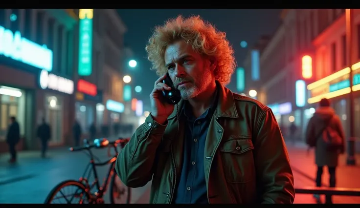 blond curly guy white FAT WITHOUT A BEARD in the background of a bicycle talks on the phone Motorolla night Petersburg against the background of the 80s dark movie effect film vhs action vice city retrodvd