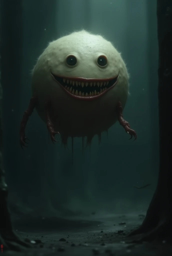 Create a mascot that is a tiny, harmless floating ball-shaped monster without arms and legs with a creepy and terrifying smile in the dark 