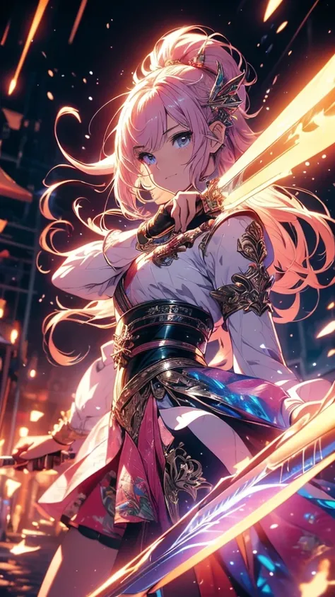 masterpiece、( best quality:1.5),  super quality , 32K, (4D:1.5)、3d、(((Holding a weapon in hand, gripping Longsword)))、aiming a Longsword at side、with shining in pink lines were shiny and luminous、with a lightning pattern、fantasy art style、 Very Detailed Ar...