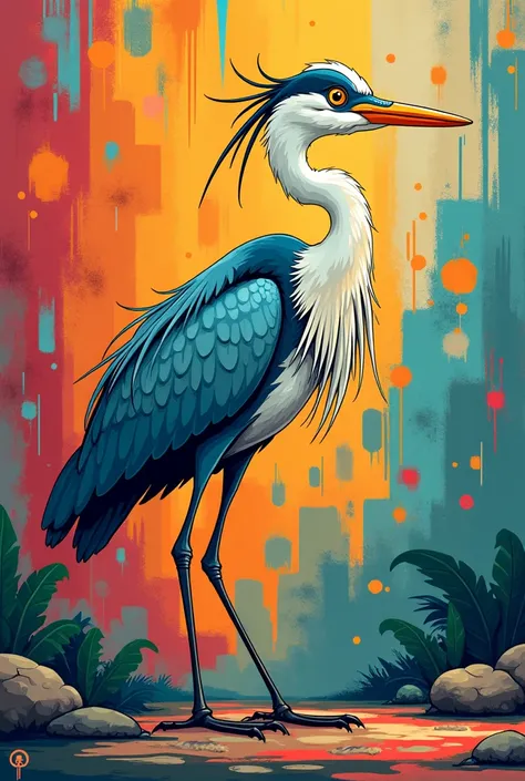 Heron in a lateral position, Graffiti,  cartoon 