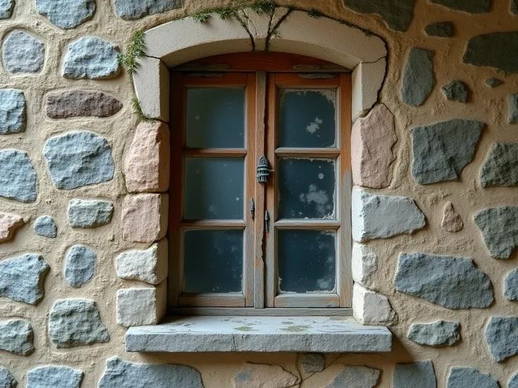 Can you make a restaurant wall that is made of stone that has a shabby window