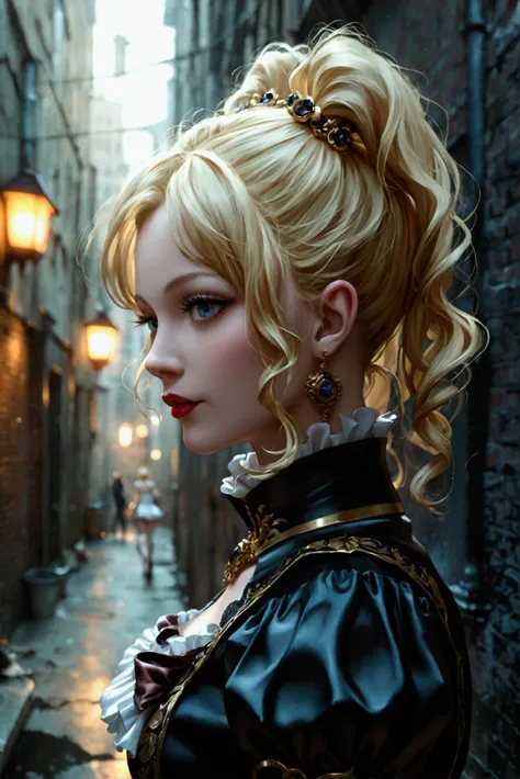 blonde with twin ponytails raped in a dark alley, 19th century city