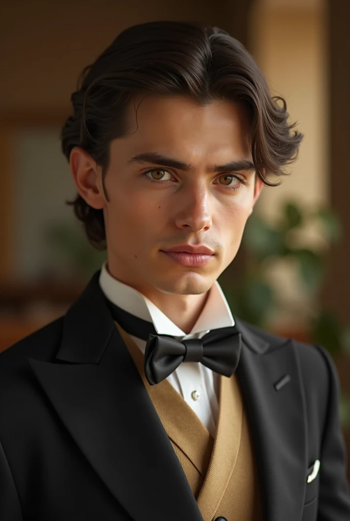  a handsome man with a medium soft appearance ,  that he has dark brown hair , combed back, with light brown eyes,  lips not so thick , thesis Clara,  wearing a very 1920s outfit ,  but only inspired ,  who is human realistic the style of the image, 25 yea...