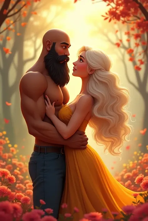 Couple in love, Bald brown man with long beard and white blonde woman with curly hair
 Animated