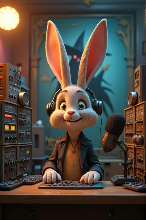  Pixar-style sexy rabbit in a radio booth with microphones and headphones and lots of tapes and consoles, with a painting of a terrifying witch .