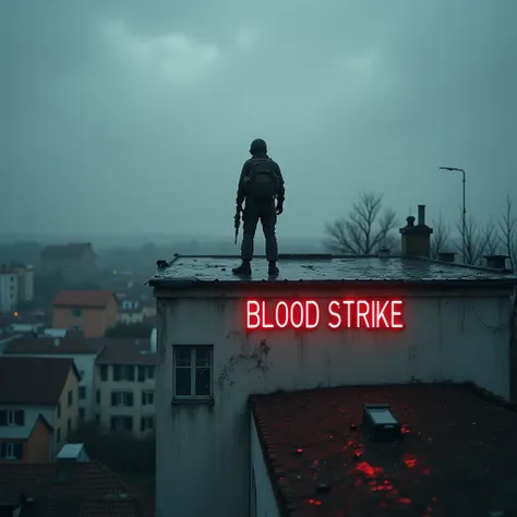 original image: background, A soldier, standing, on top of a building, observing the city, with a backpack on his back, cloudy sky, place with few houses and buildings ,  written BLOOD STRIKE on the building floor, Close to the soldier ,  shattered house g...