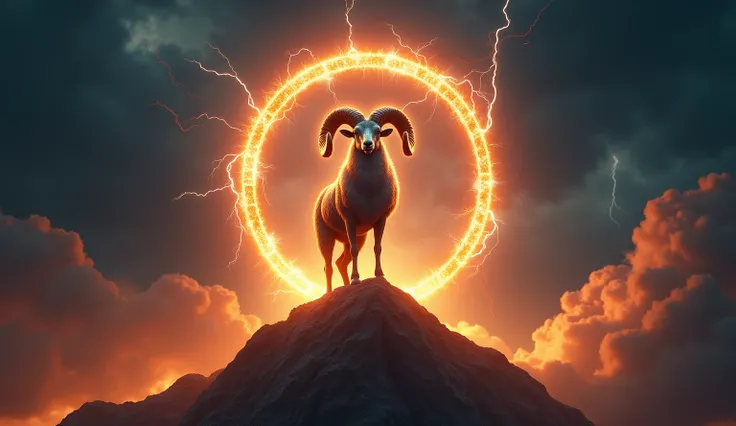 Main Scene Description
A colossal ram stands atop a glowing mountain peak, its horns crackling with electric energy. Surrounding it, arcs of fire and lightning dance in the air, forming a protective barrier. Above, the zodiac wheel rotates slowly, with Ari...