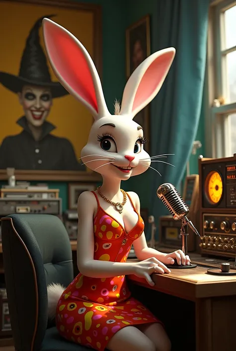 Sexy rabbit in a low-cut and very happy Pixar-style dress in a radio booth with microphones and headphones and lots of tapes and consoles, with a painting of a terrifying witch .