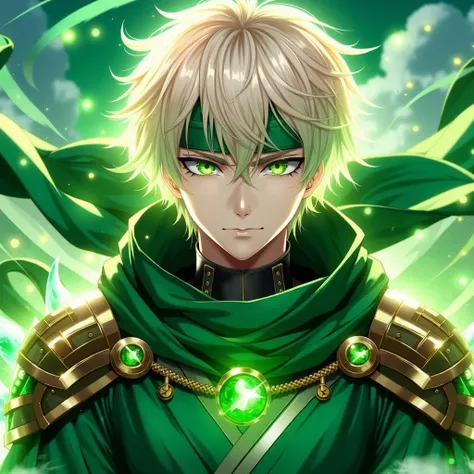 ((Male character)), ((anime)), ((OPM style)), ((One Punch Man)), ((ninja)), ((light blonde hair)), ((bright green eyes)) ( (assassin ninja costume)), ((green ninja)), ((emerald green costume)), ((jade green jcolor costume)), ((shoulder pads and golden acce...