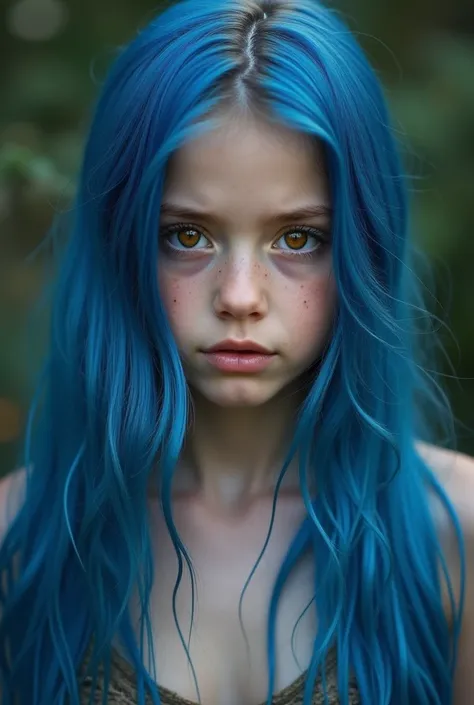 Beautiful girl at the age of 12 with long blue hair and Amber eyes naked 
