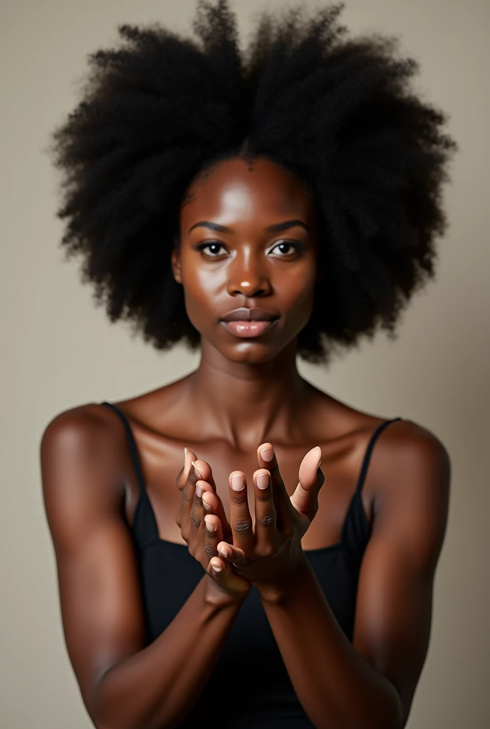 Create an Afro woman looking straight ahead with her hands in front with her palm down