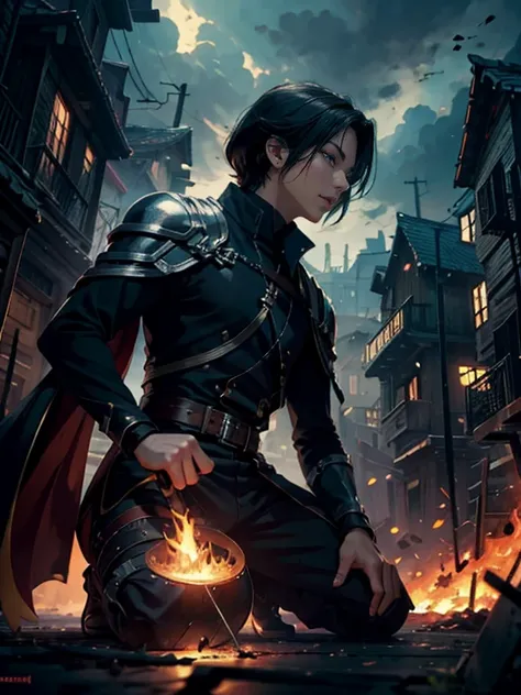 Character Kentarion , boy, black hair, fire sword, setting: village destroyed, houses on fire. black creatures, shadow specters, amber eyes, Conceptual art, cinematic lighting, drop shadow, diffraction spikes, Ultra-Wide Angle, Hasselblad, UHD, masterpiece...