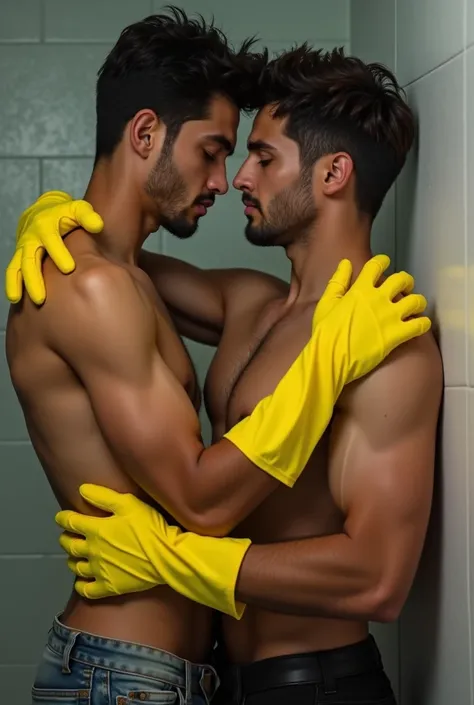 Two 25-year-old Argentinian men caressing each other with yellow scrubbing gloves