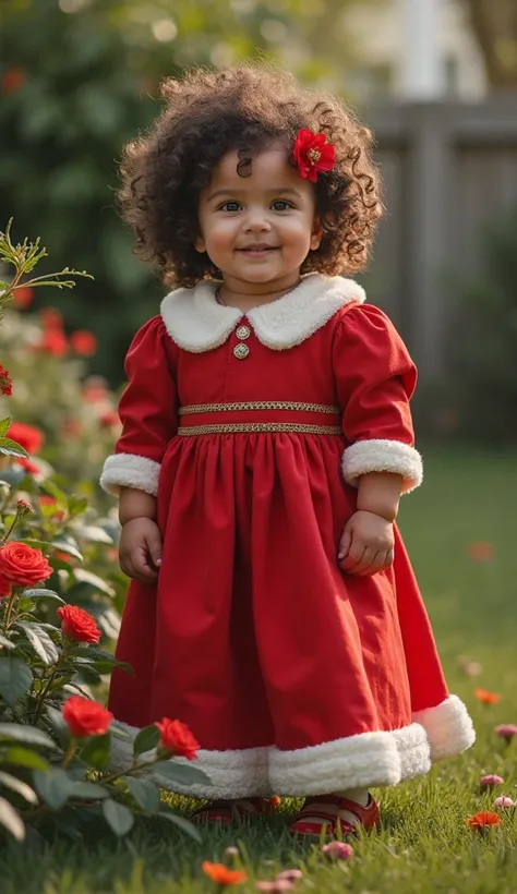 Ultra-realistic oil image of Rosa ,  a chubby baby ,  curly, voluminous and messy hair, wearing a long Christmas dress , with puffed sleeves, standing,  in the yard surrounded by greenery and colorful flowers.  She looks directly into the camera