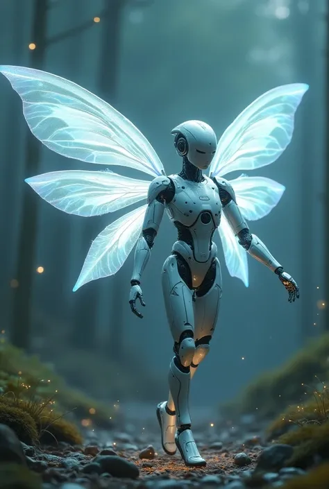 In a futuristic realm, an ethereal-looking robotic fairy man with luminescent wings glides elegantly across the cybernetic landscape. This captivating vision is immortalized in a stunning digital painting created by skilled artist TechEnchant. The meticulo...