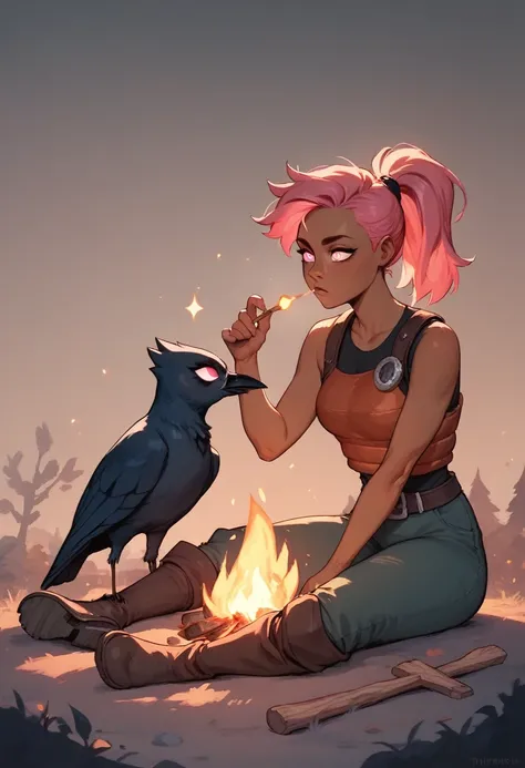 1 woman , (((full body))), dark skin, pink hair, ponytail, glowing pink eyes, wearing a rusty armor, wearing thights, sitting around a campfire, thinking, background the woods at night, crows around her, 