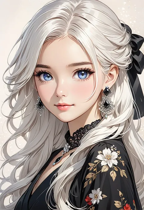 a really nice and adorable drawing of a girl with white hair and black dress, 1girl, solo, jewelry, looking at viewer, earrings, long hair, upper body