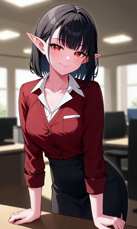 1girl, solo, black hair+, red eyes++, smug+, office clothes++, cinematographic light, focus, blurry background, slightly pink skin+, pointy ears+, dark clothes+, closed mouth