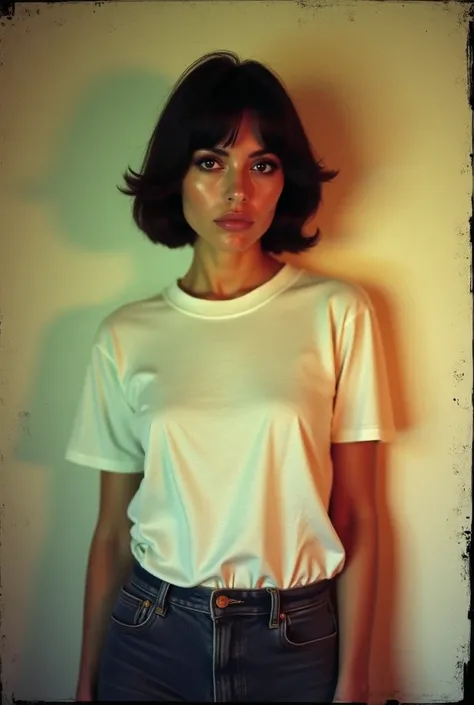 1978 fashion shoot, backlit, Monica Bellucci, short hair, 24mm, flash on, faded scratched polaroid. She wears an oversized white crew neckline short-sleeve T-shirt and dark-washed denim jeans. taken from a front angle. plain wall background